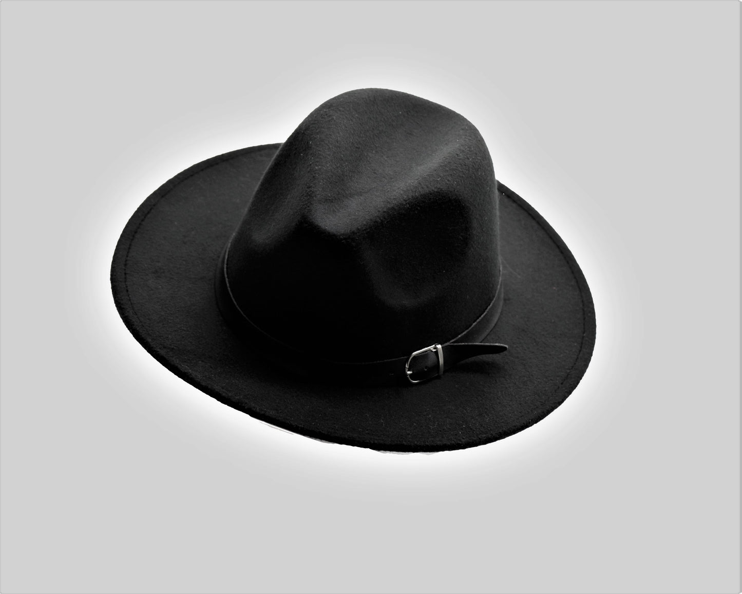 Women Black Wide Brim Felt Fedora Panama Hat with Ring Belt