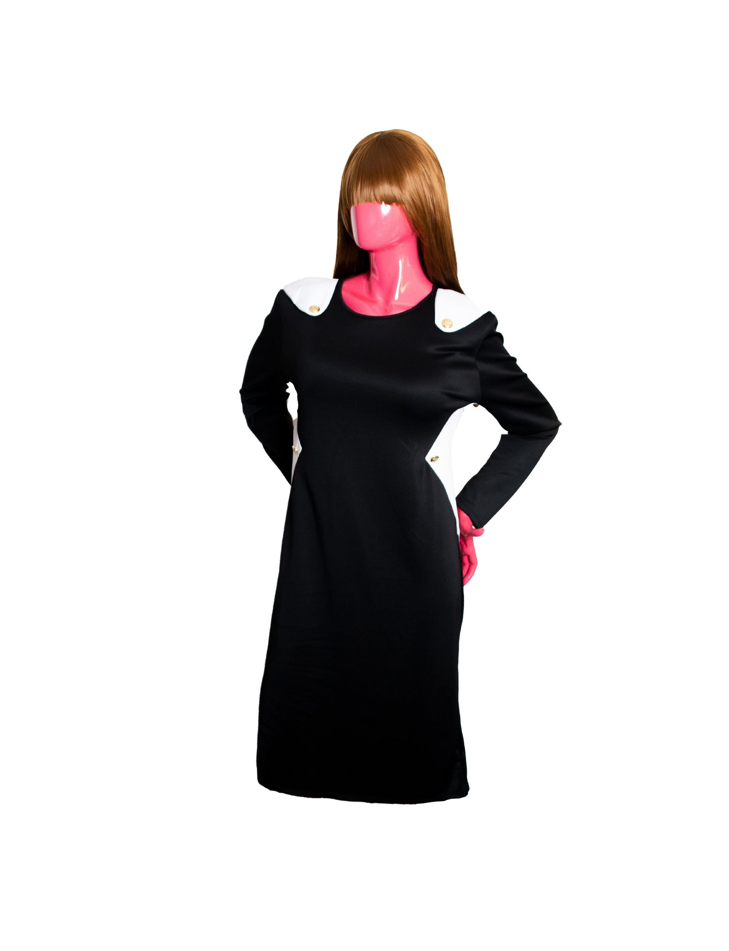 Quum Plus Size Long sleeve black  dress with  white  Shoulder accented with  gold buttons