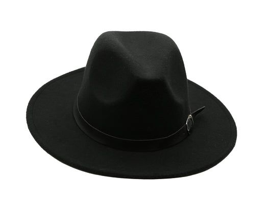 Women Black Wide Brim Felt Fedora Panama Hat with Ring Belt
