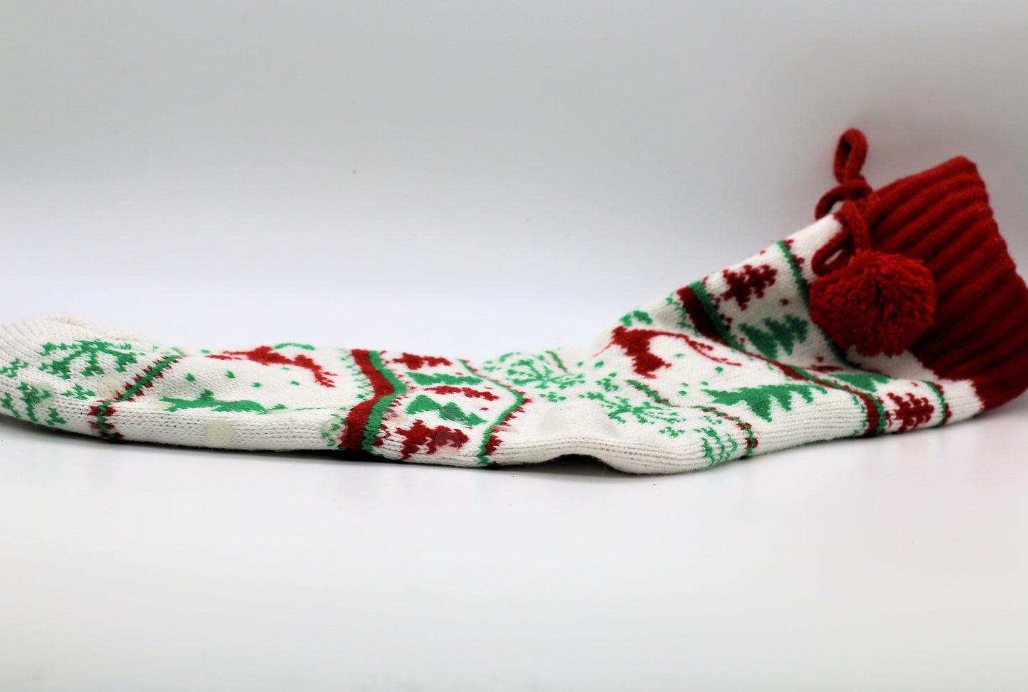 Knit Red and White Reindeer Christmas Socks With Pom Poms