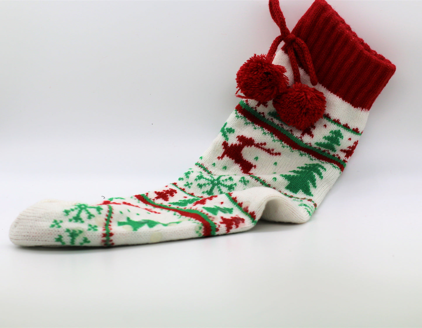 Knit Red and White Reindeer Christmas Socks With Pom Poms