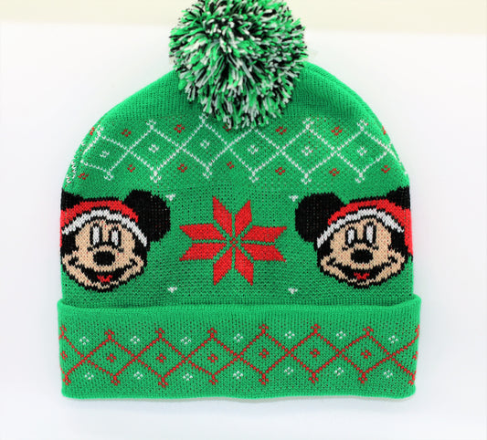 Disney Mickey Mouse Christmas Pom Pom Green Cap Hat Beanie