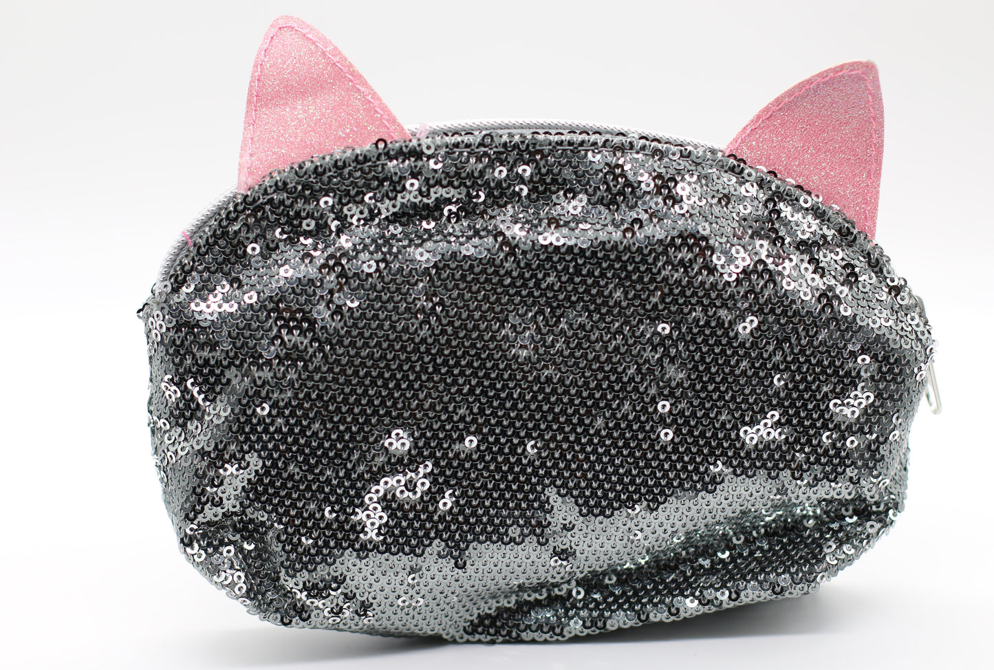 Cat & Jack Silver Sequin Zipped Makeup Pouch With Pink Glitter Cat Ears