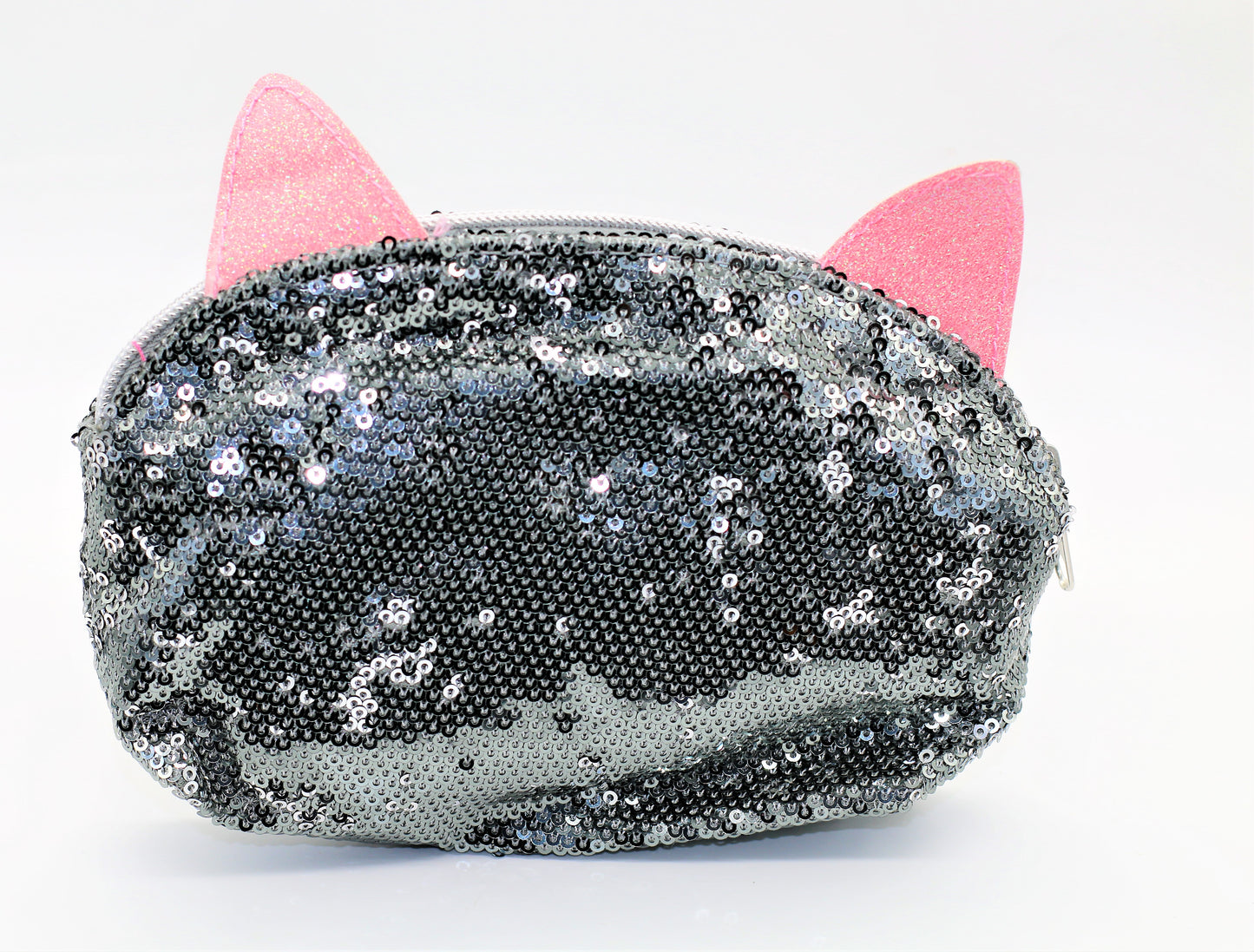 Cat & Jack Silver Sequin Zipped Makeup Pouch With Pink Glitter Cat Ears