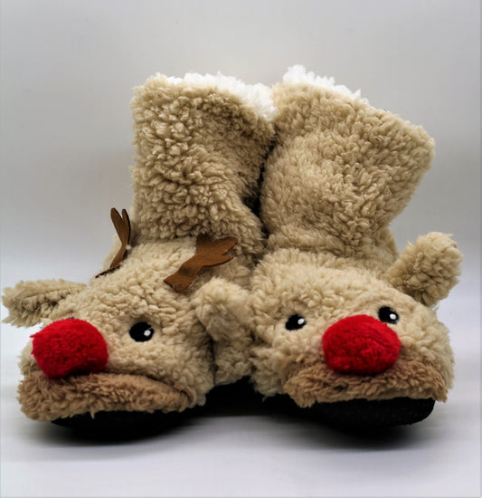Rudolph Reindeer Furry Plush Slippers