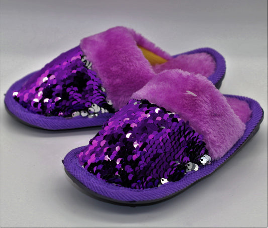 Girls Sequin Slippers Kids Faux Fur House Shoes Sparkly Slippers