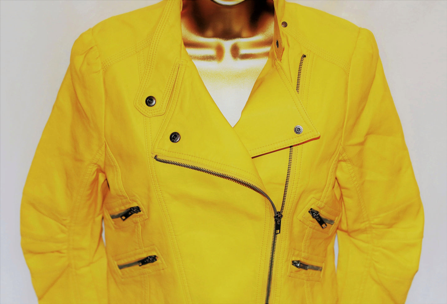 Women Yellow Faux Short Leather Motorcycle Jacket