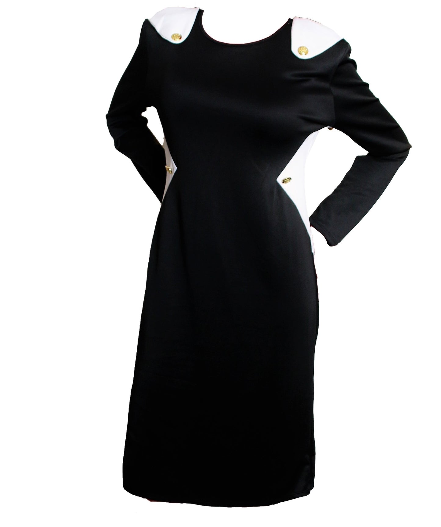 Quum Plus Size Long sleeve black  dress with  white  Shoulder accented with  gold buttons