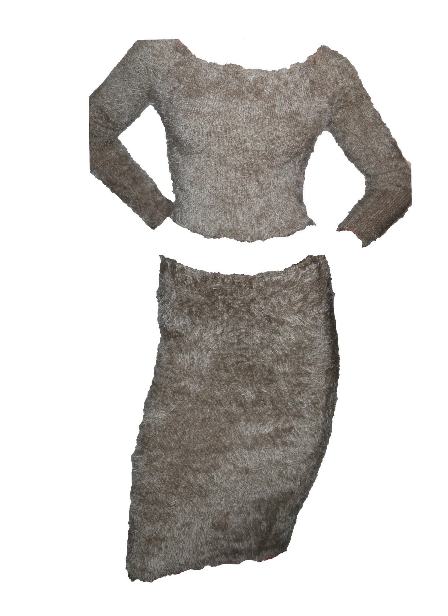 Women 2 Piece Tan Faux Fur Skirt Set